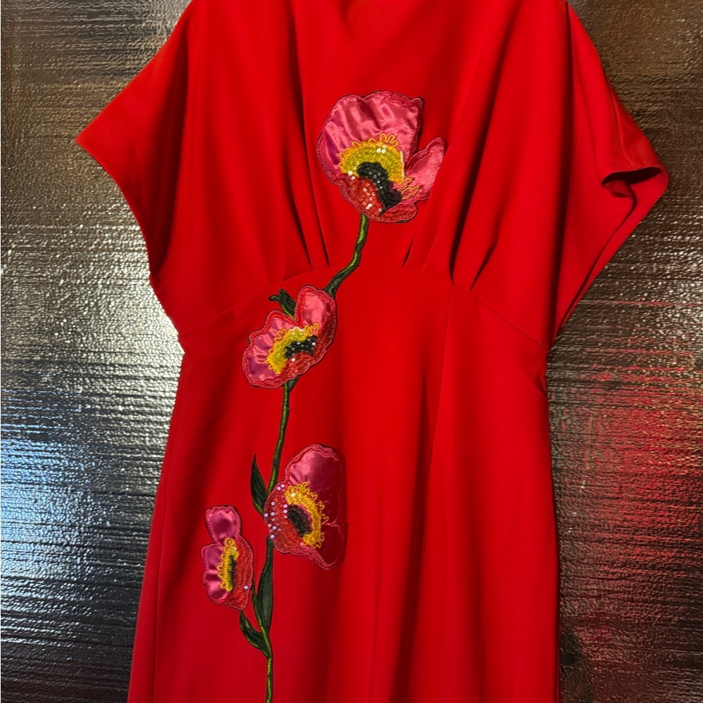FEHAUTE Red Applique Boat Neck Short Sleeve Backless Sheath Maxi Dress.  Size 14 - Picture 5 of 11